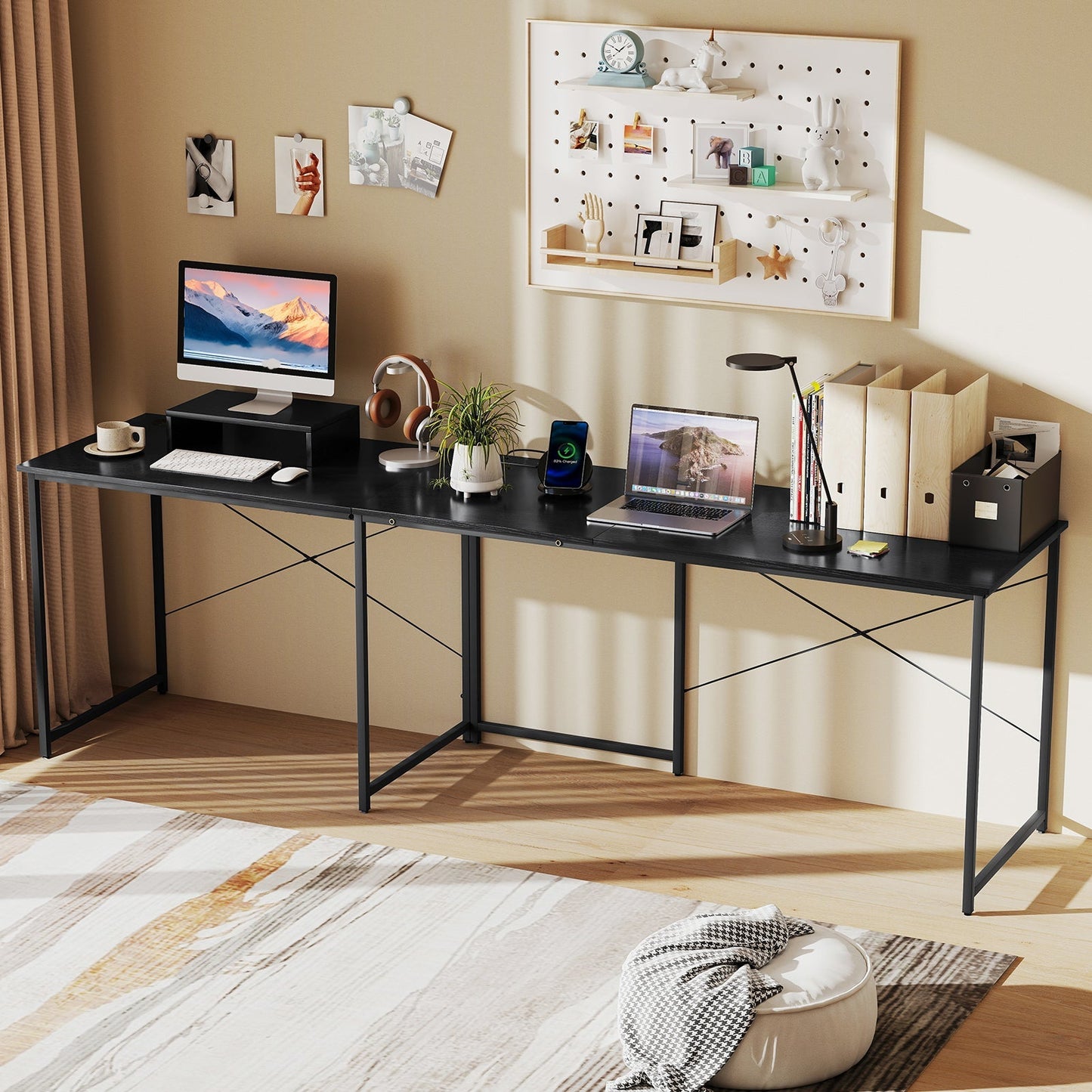 95 Inch 2-Person L-Shaped Long Reversible Computer Desk with Monitor Stand