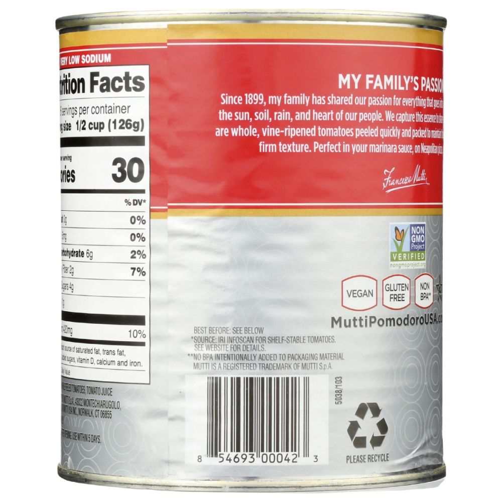 MUTTI: Peeled Tomatoes - Whole 28 oz, Fleshy and Firm for Culinary Use