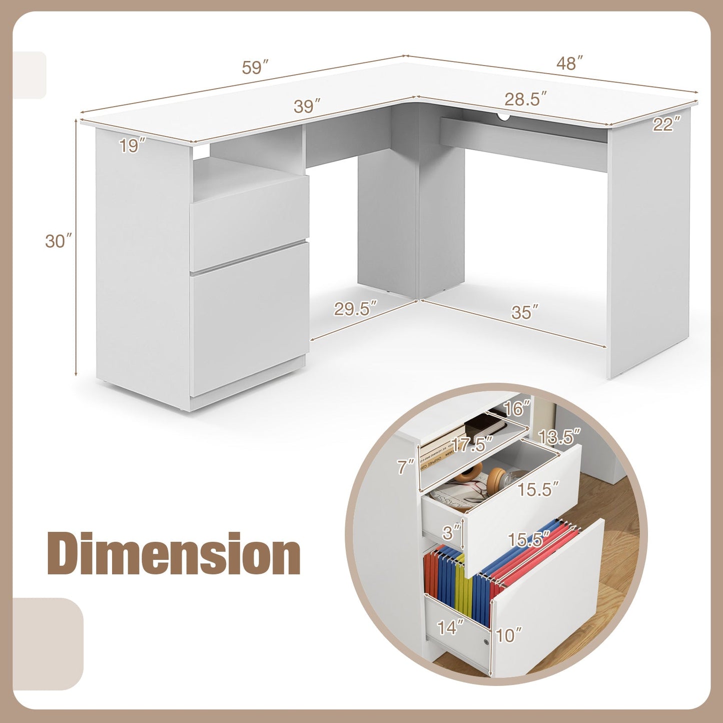 L-Shaped Computer Desk with Letter File Drawer