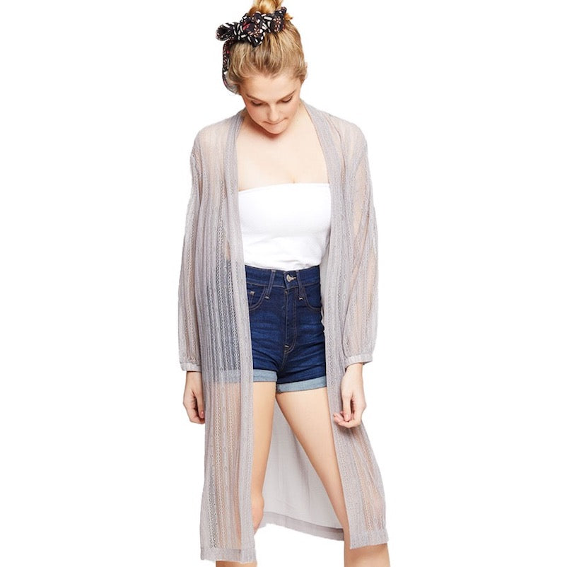 Lace Detail Long Sleeve Sheer Accent Kimono Poncho Beachwear