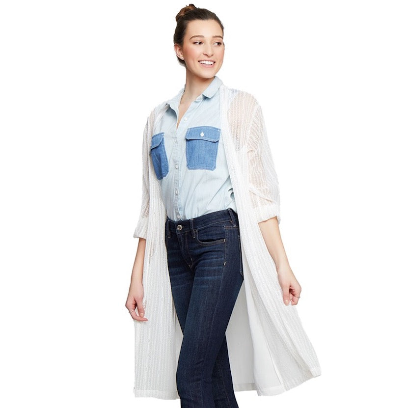 Lace Detail Long Sleeve Sheer Accent Kimono Poncho Beachwear