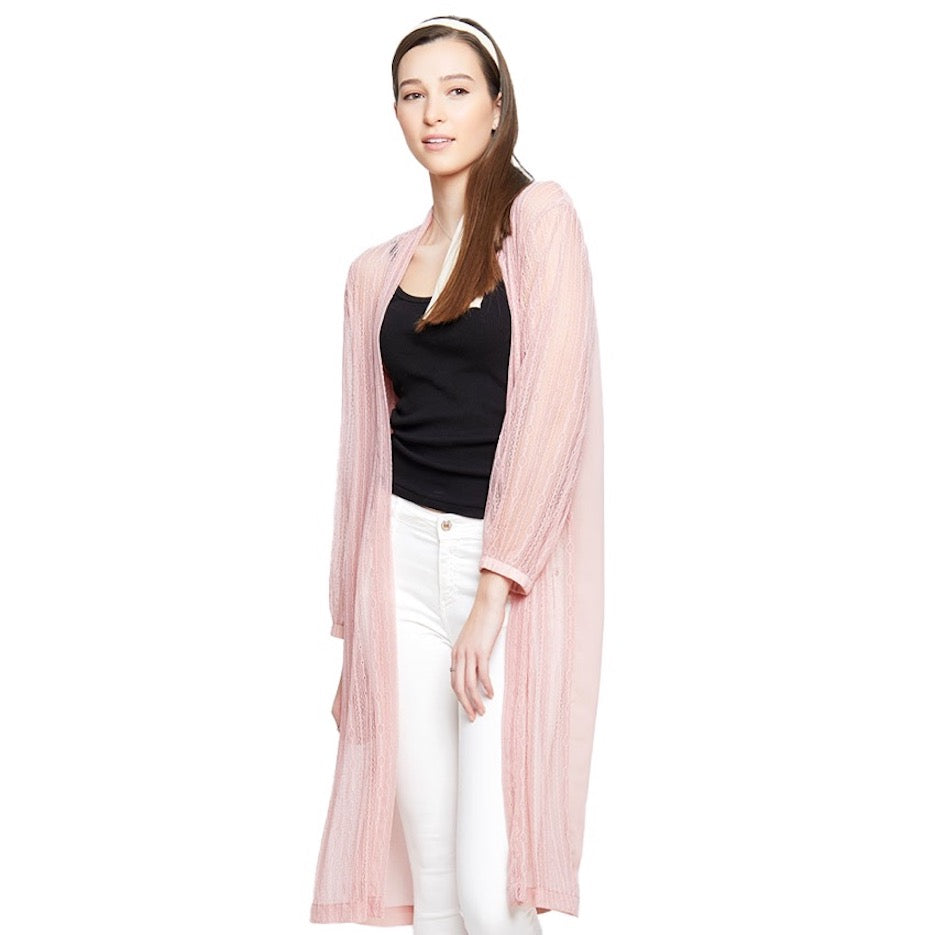 Lace Detail Long Sleeve Sheer Accent Kimono Poncho Beachwear