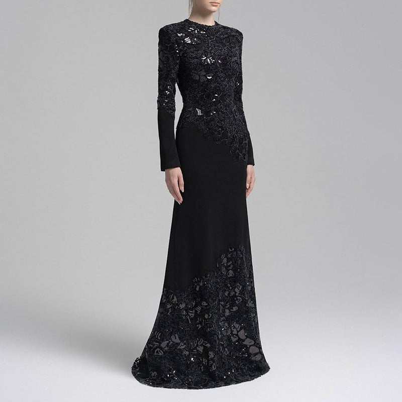 Lace Embroidered Mermaid Gown | Vintage Elegant Fishtail Maxi Dress (MS215)