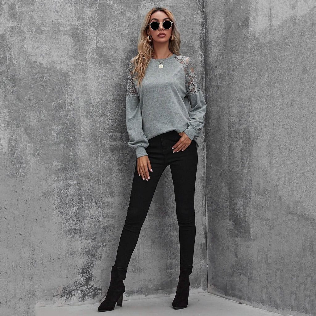 Lace Insert Raglan Sleeve Pullover
