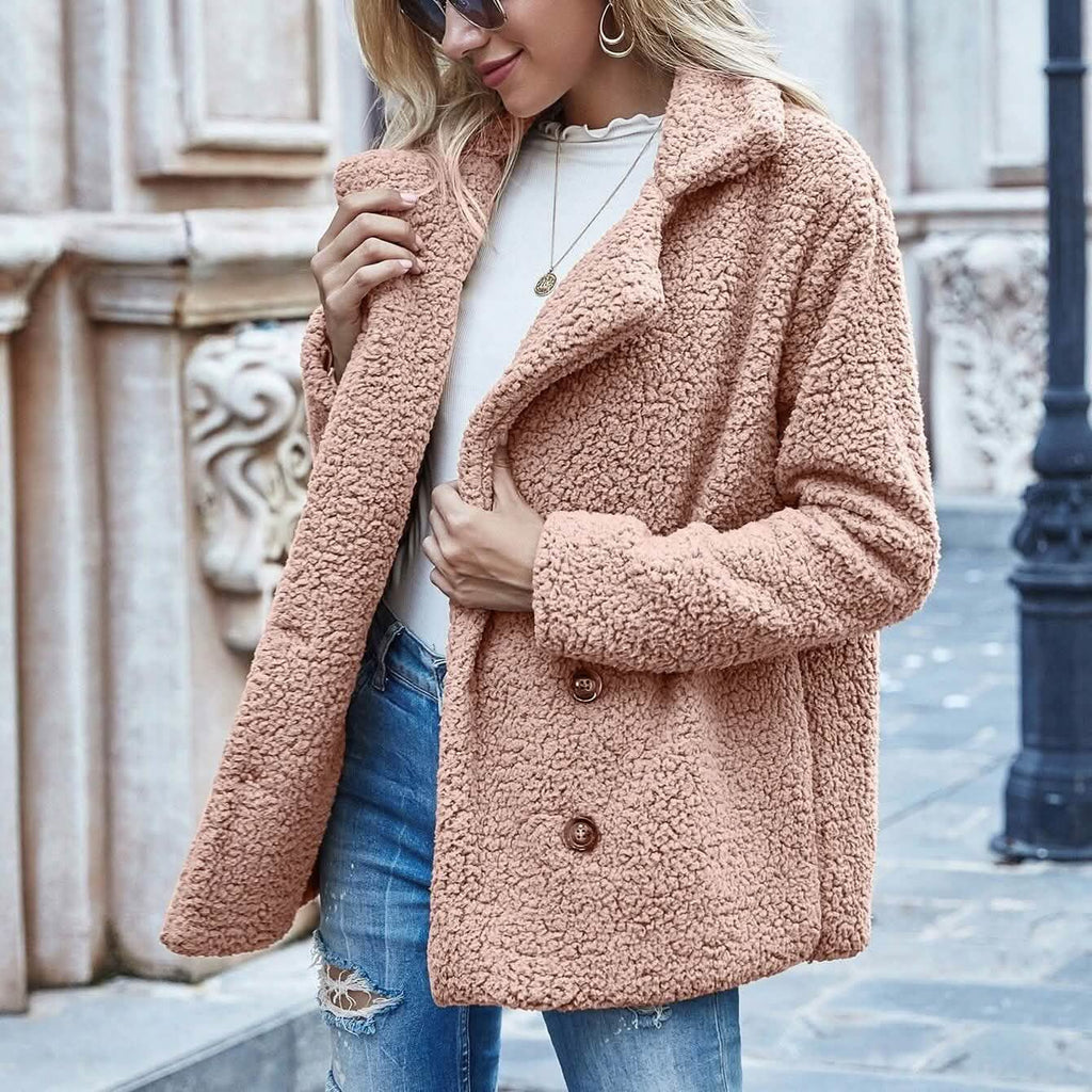 Lapel Collar Double Button Teddy Coat