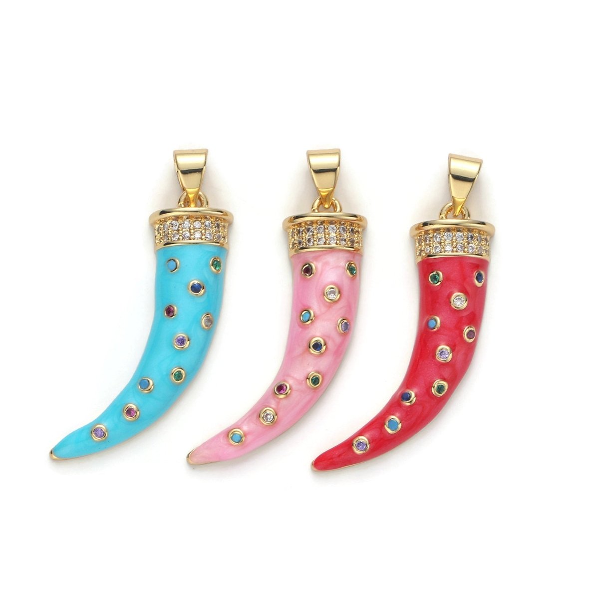 Large 24k Gold Filled Micro Pave Horn Charm, Cubic Zirconia Enamel Horn Pendant Charm, Pink Red Blue Charm, For DIY Jewelry Necklace Supply I-634 I-635 I-636