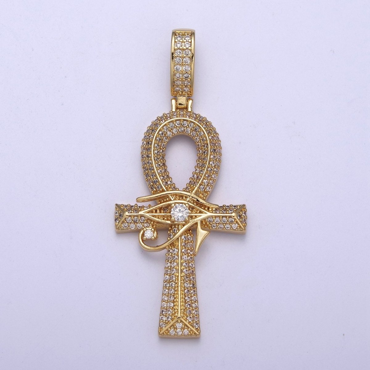 Large Ankh Gold CZ Micro Pave Cross Pendant, Eye Of Ra Cubic Zirconia Charm Micro Pave Jewelry Findings H-326