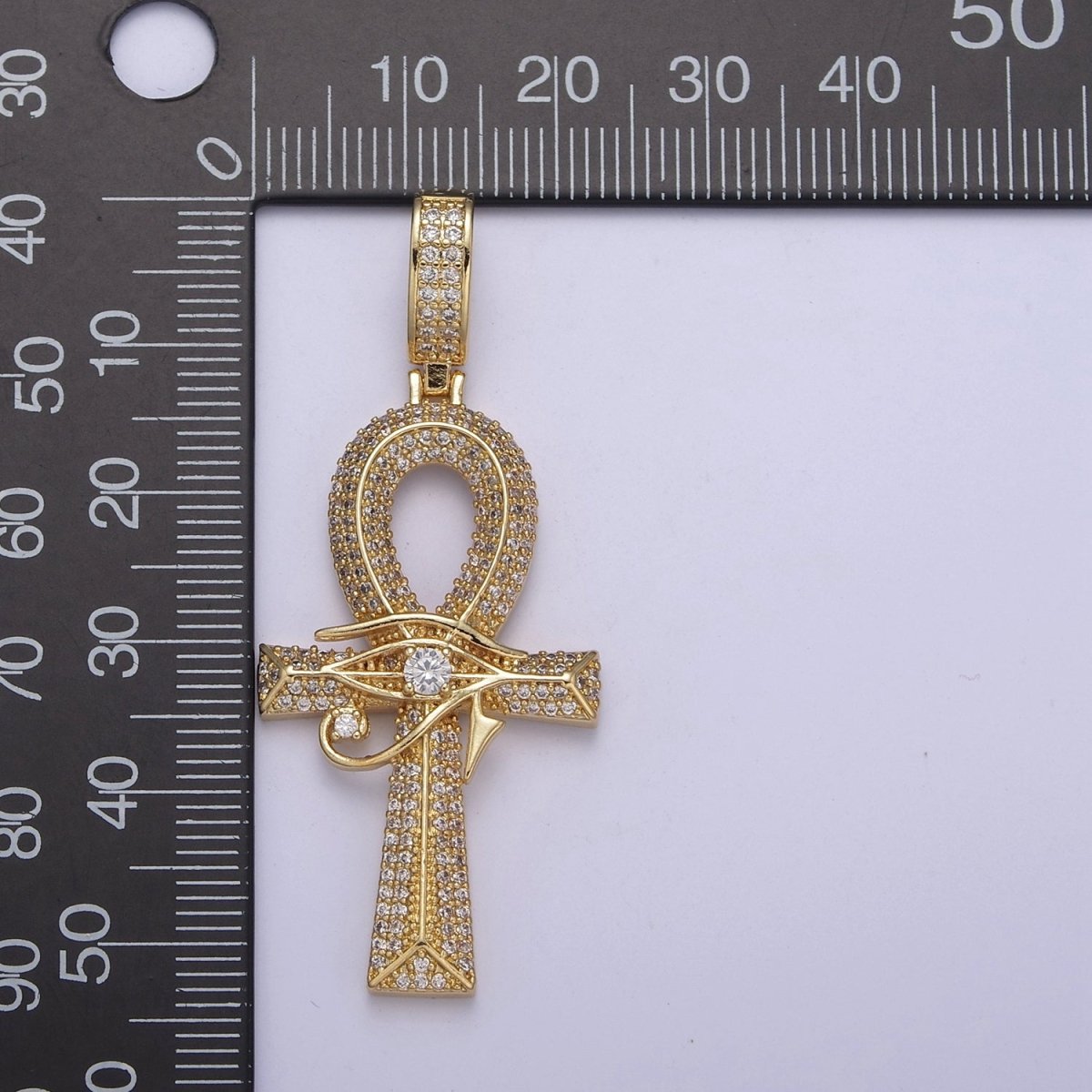 Large Ankh Gold CZ Micro Pave Cross Pendant, Eye Of Ra Cubic Zirconia Charm Micro Pave Jewelry Findings H-326