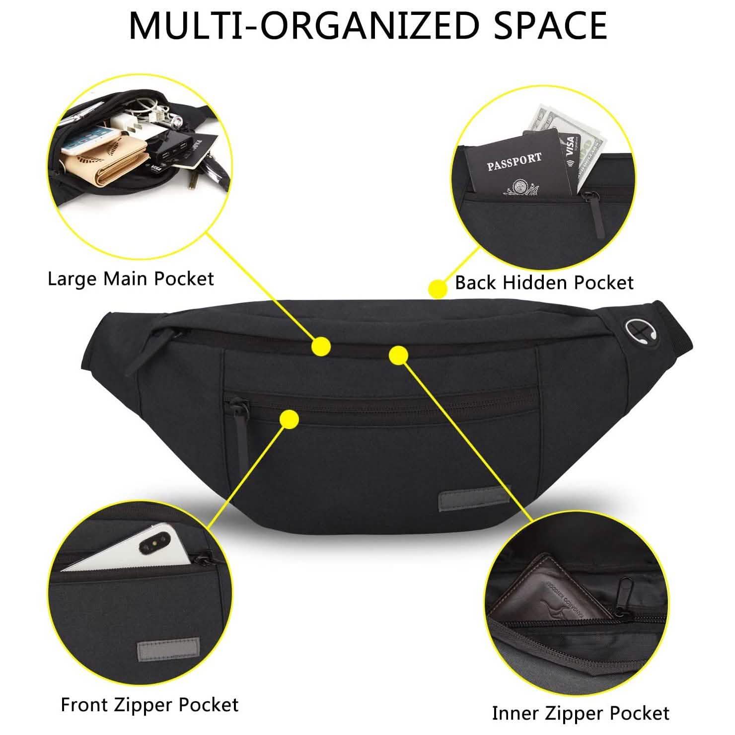 Grand sac banane à bandoulière avec 4 poches zippées