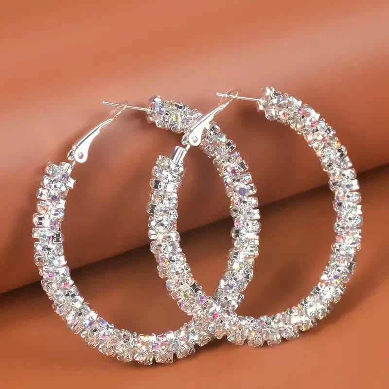 Large Full Rhinestone Silver Hoop Earrings