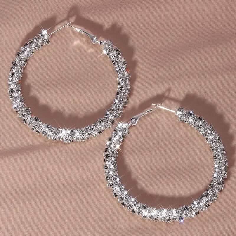Large Full Rhinestone Silver Hoop Earrings