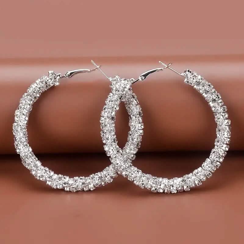 Large Full Rhinestone Silver Hoop Earrings