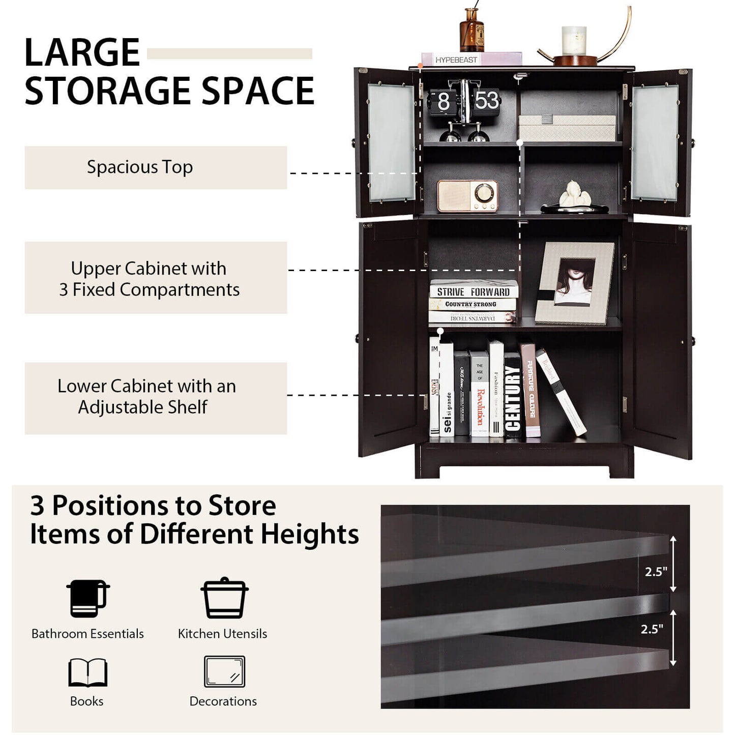Bathroom Floor Storage Locker Kitchen Cabinet with Doors and Adjustable Shelf