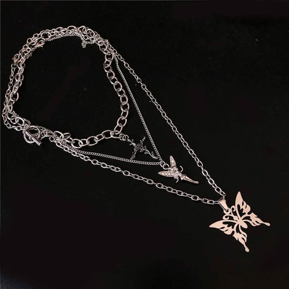 Layered Butterfly Cross Angel Pendant Necklace