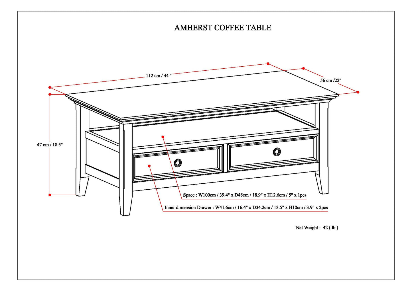 Amherst 44 Inch Wide Solid Wood Coffee Table in Hickory