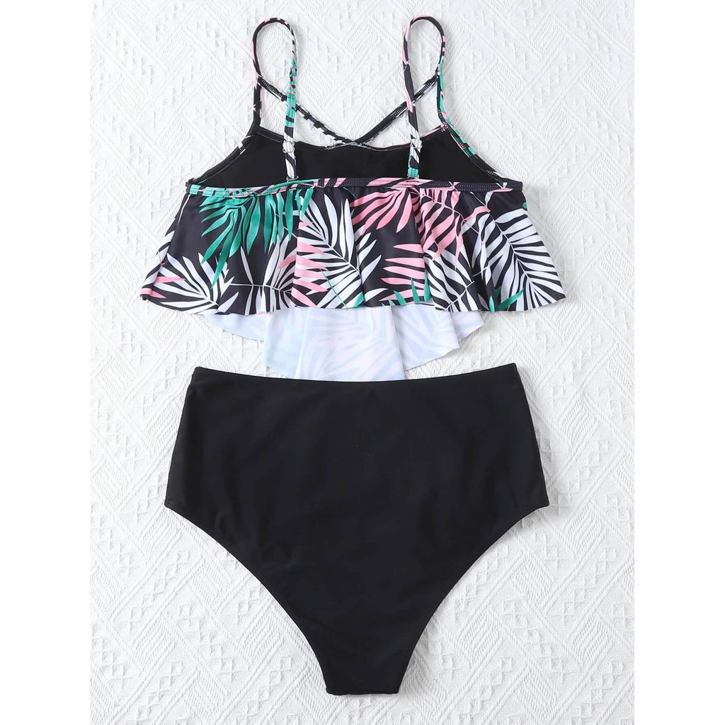 Leaf Print Hanky Hem High Waisted Bikini Swimsuit