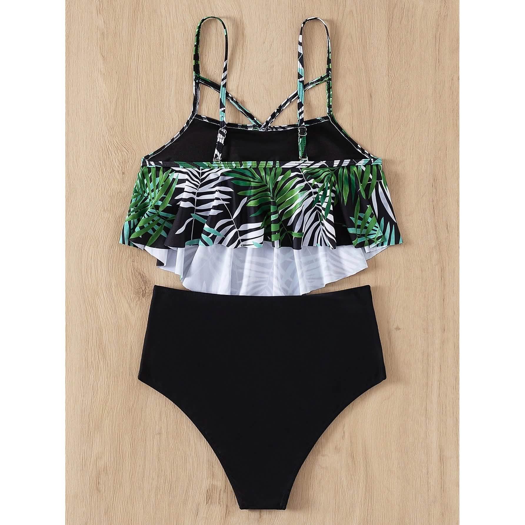 Leaf Print Hanky Hem High Waisted Bikini Swimsuit