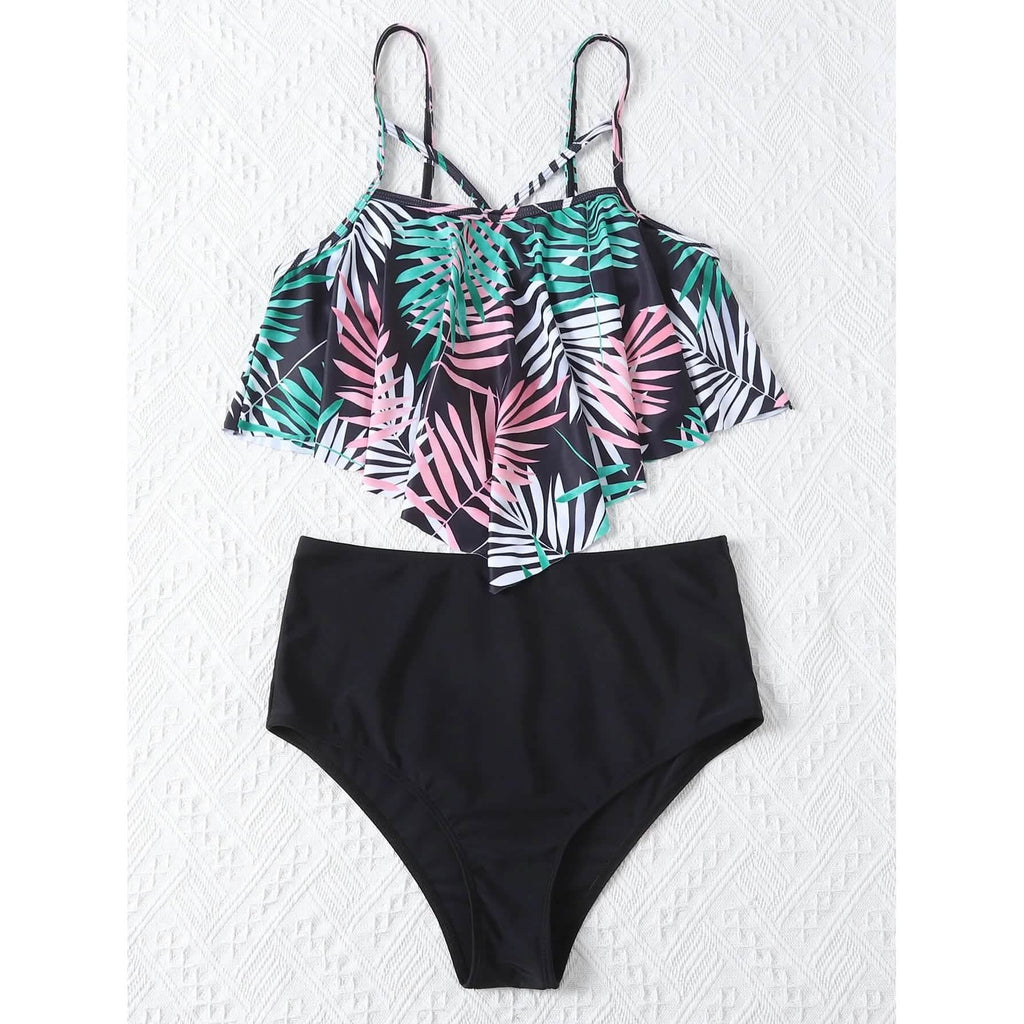 Leaf Print Hanky Hem High Waisted Bikini Swimsuit