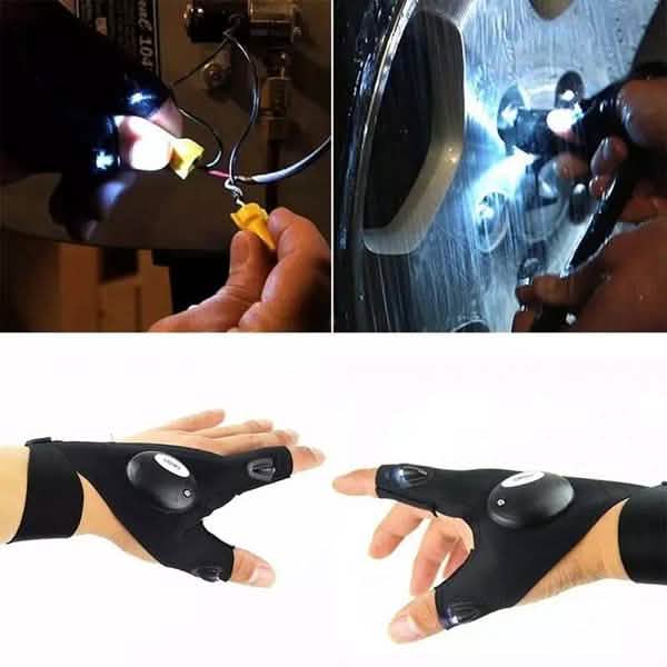 Gants sans doigts avec 2 lampes LED et sangle magique (type torche)