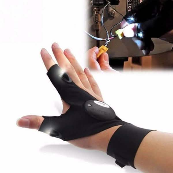 Gants sans doigts avec 2 lampes LED et sangle magique (type torche)