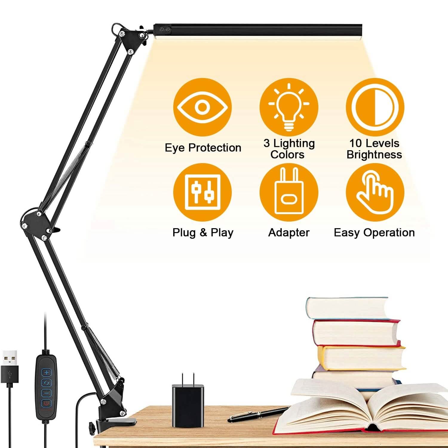LED Reading Desk Lamp with Clamp Adjustable Swing Arm