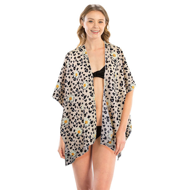 Leopard Pattern Daisy Flower Print Cover Up Kimono Poncho