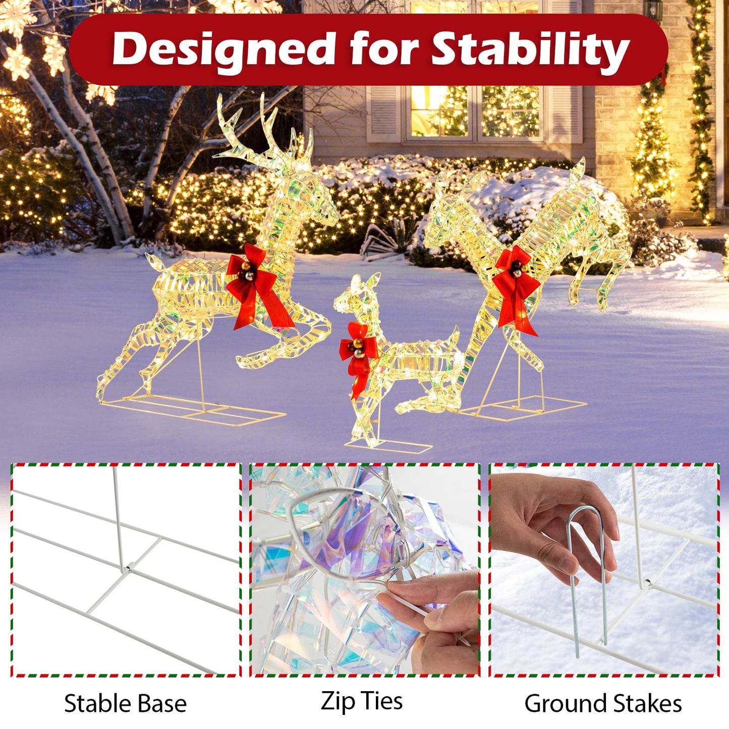 3-Piece Lighted Christmas Reindeer Family with LED Lights and Bows