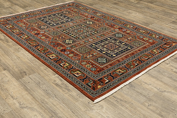 Medalia Area Rug - Burnt red. Burnt Orange. Yellow. Navy Blue