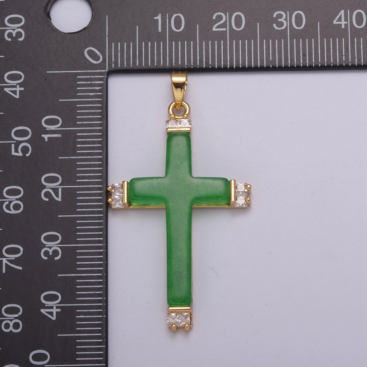 Long Green Jade Cross Pendant for Necklace 24K Gold Filled Cross AH-345