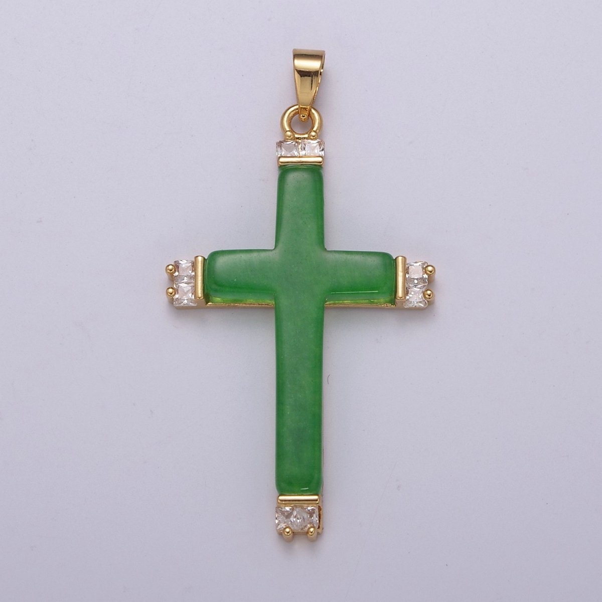 Long Green Jade Cross Pendant for Necklace 24K Gold Filled Cross AH-345