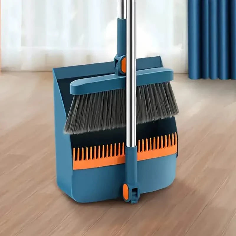 Ensemble balai rotatif et pelle à poussière à long manche avec dents de peigne