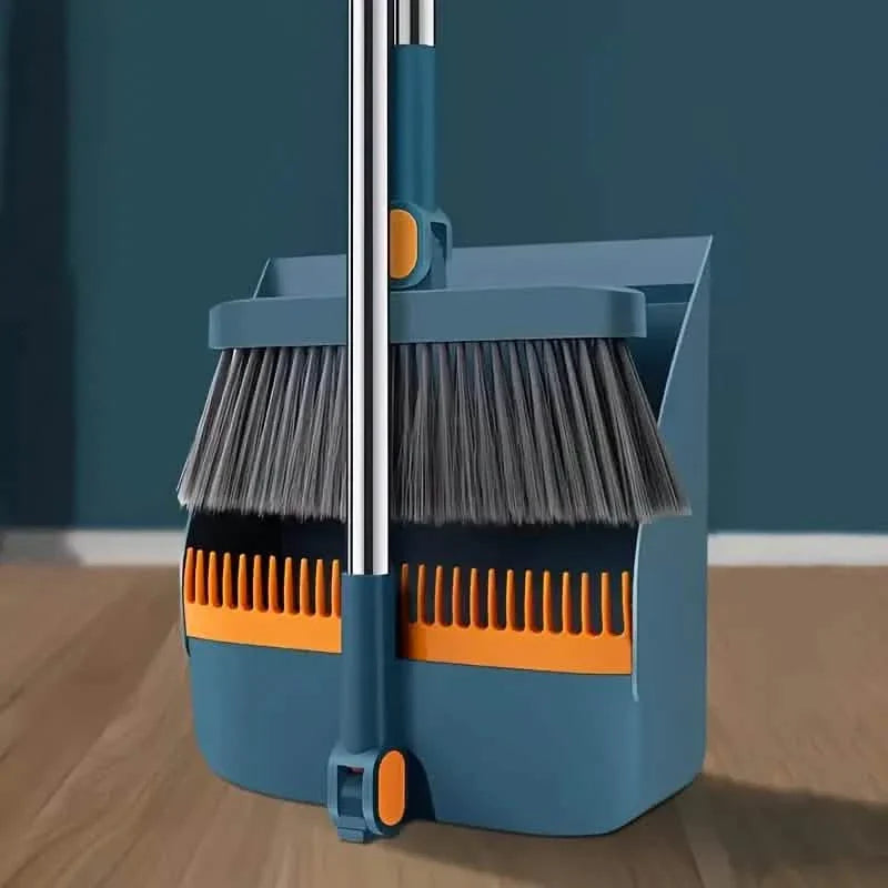 Ensemble balai rotatif et pelle à poussière à long manche avec dents de peigne