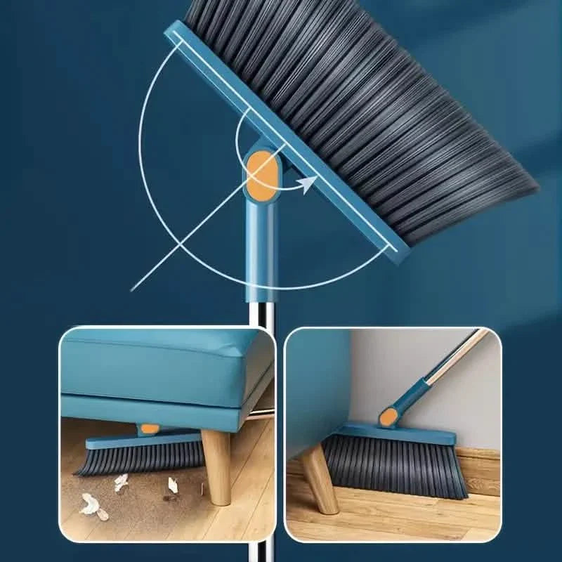 Ensemble balai rotatif et pelle à poussière à long manche avec dents de peigne