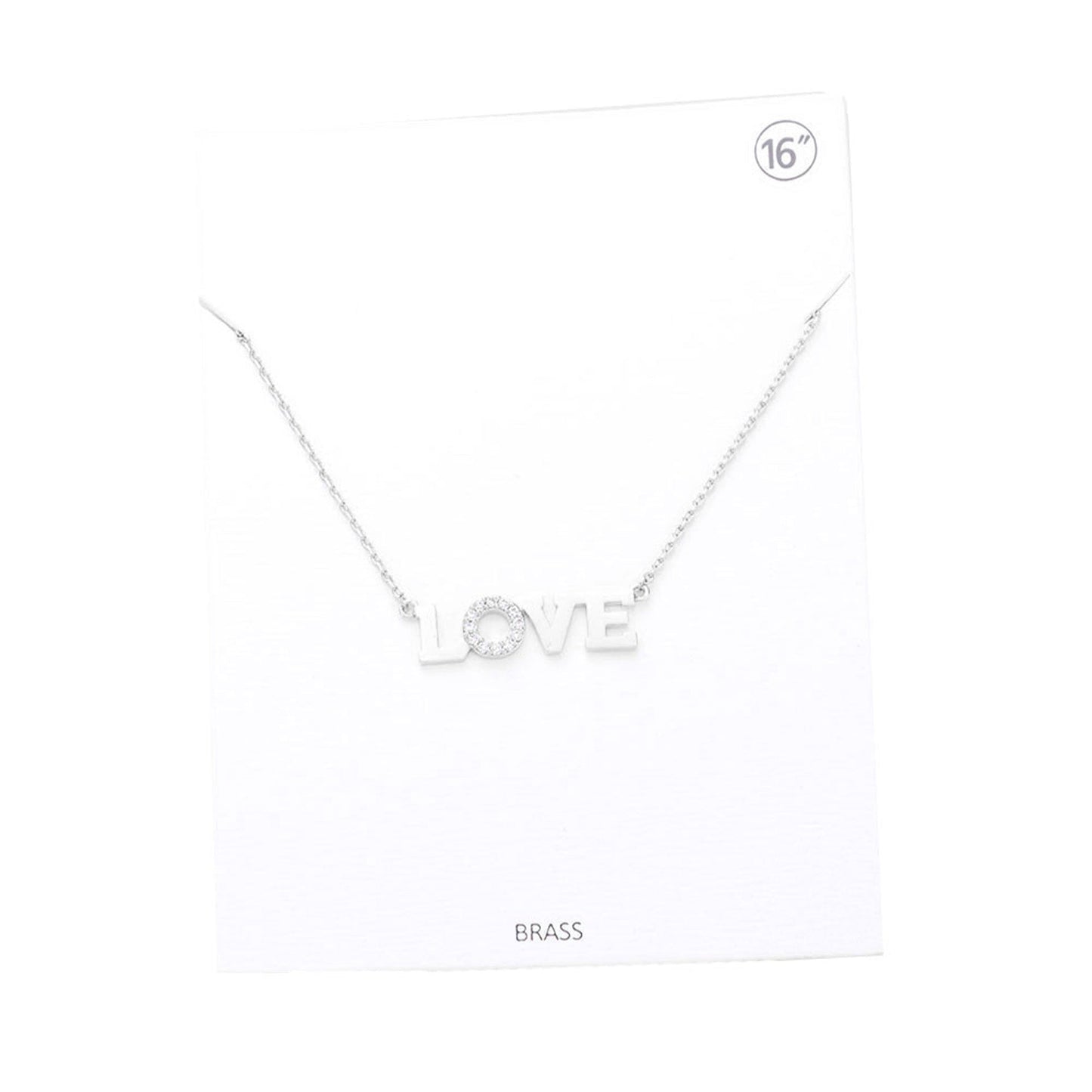LOVE Rhinestone Embellished Brass Metal Message Pendant Necklace