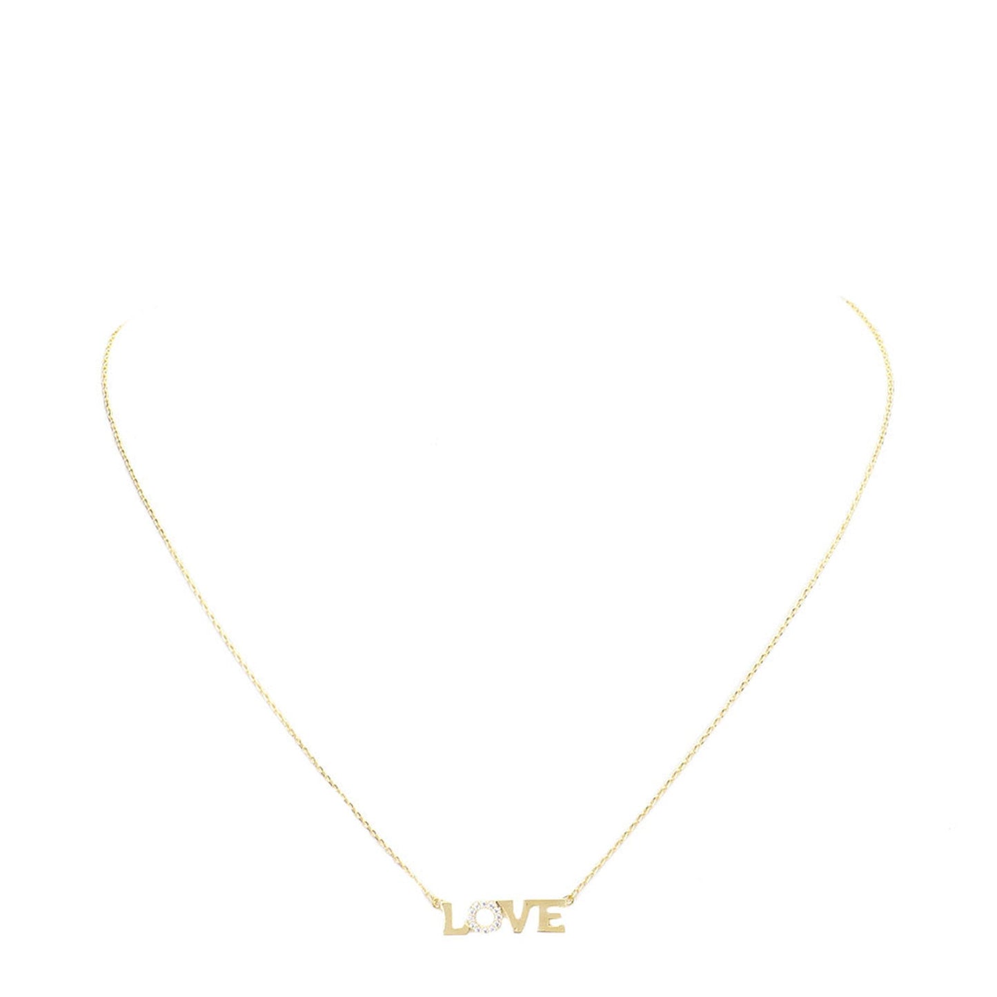 LOVE Rhinestone Embellished Brass Metal Message Pendant Necklace