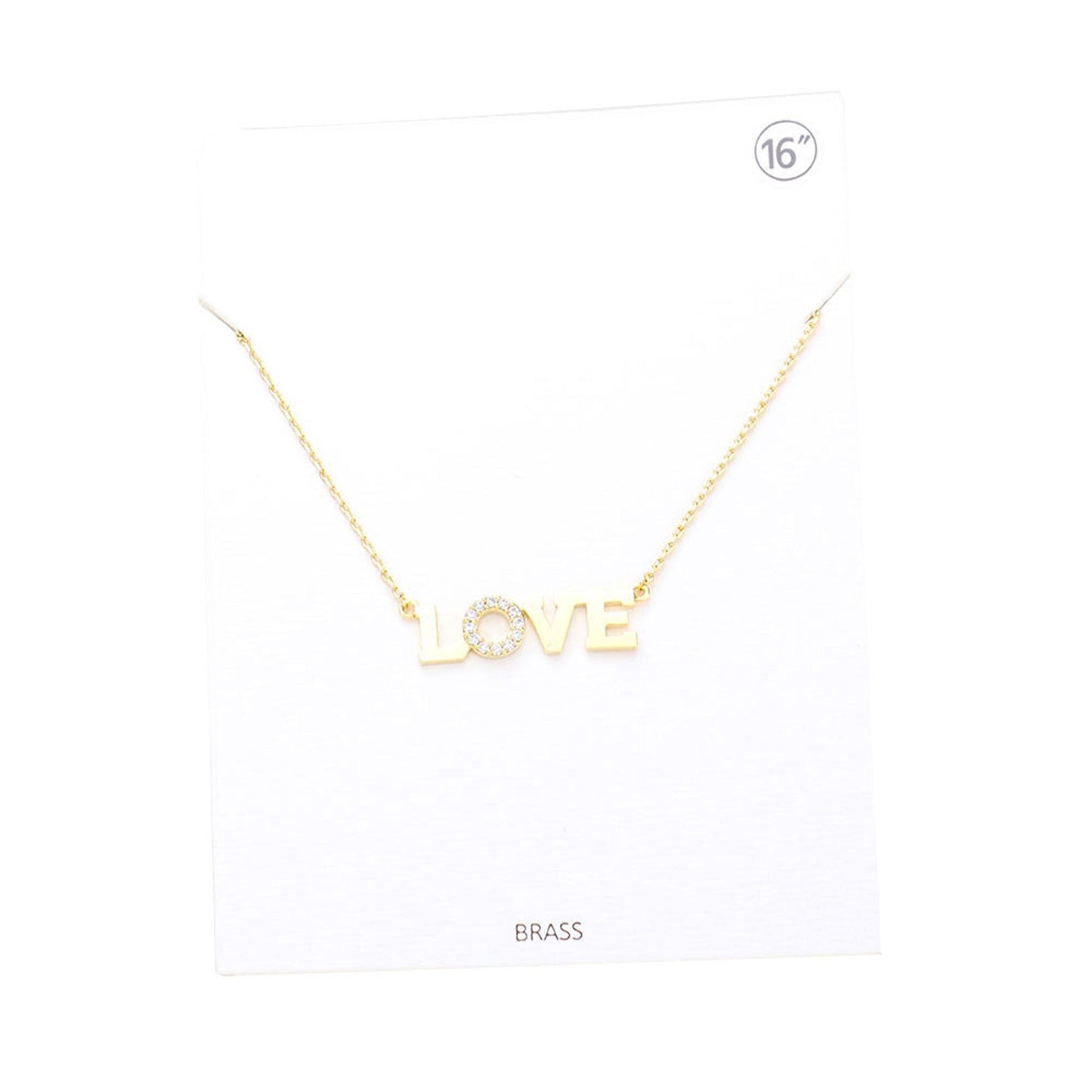 LOVE Rhinestone Embellished Brass Metal Message Pendant Necklace