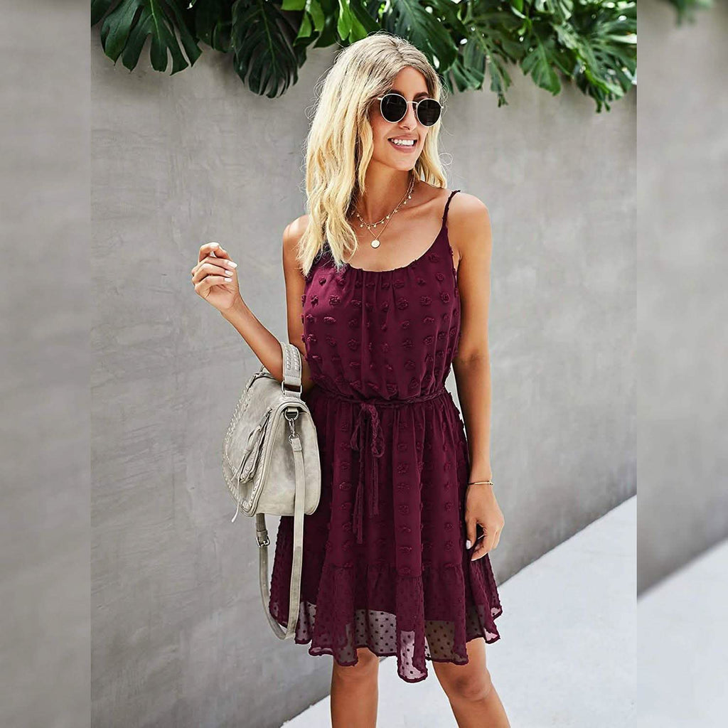 Lovinchic Robe Courte Fleurie à Bretelles Fines et Taille Nouée pour Femme, Robe d'Été Décontractée et Fluide