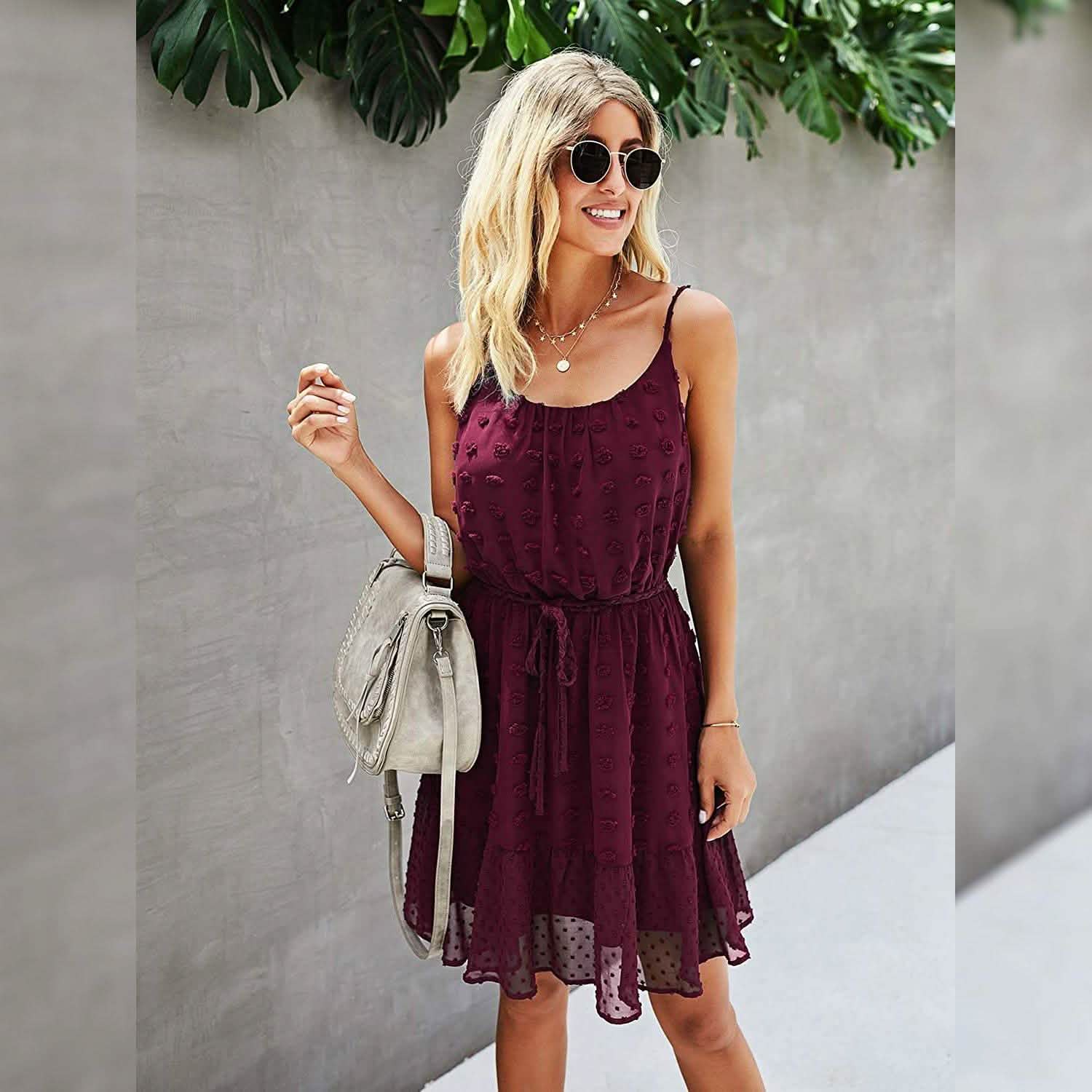 Lovinchic Robe Courte Fleurie à Bretelles Fines et Taille Nouée pour Femme, Robe d'Été Décontractée et Fluide