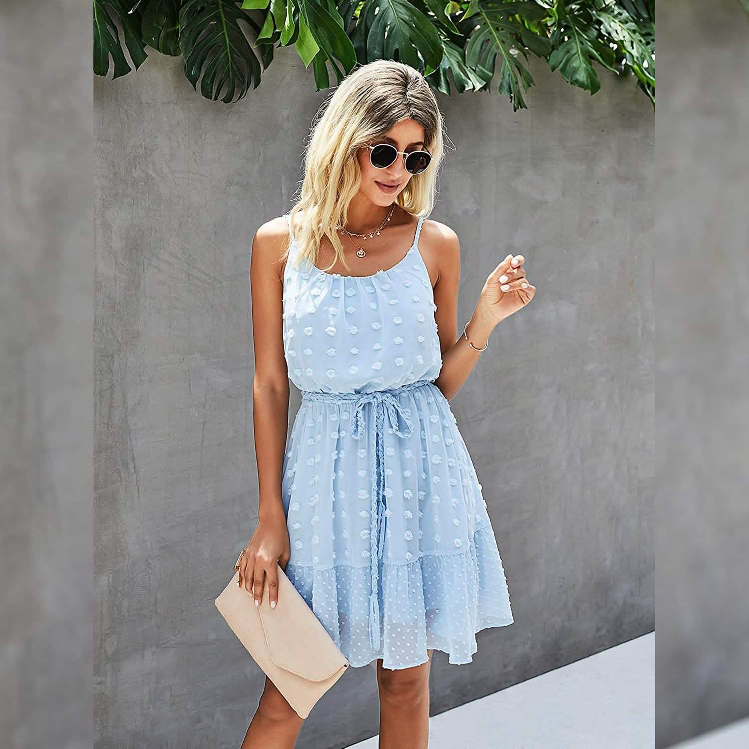 Lovinchic Robe Courte Fleurie à Bretelles Fines et Taille Nouée pour Femme, Robe d'Été Décontractée et Fluide