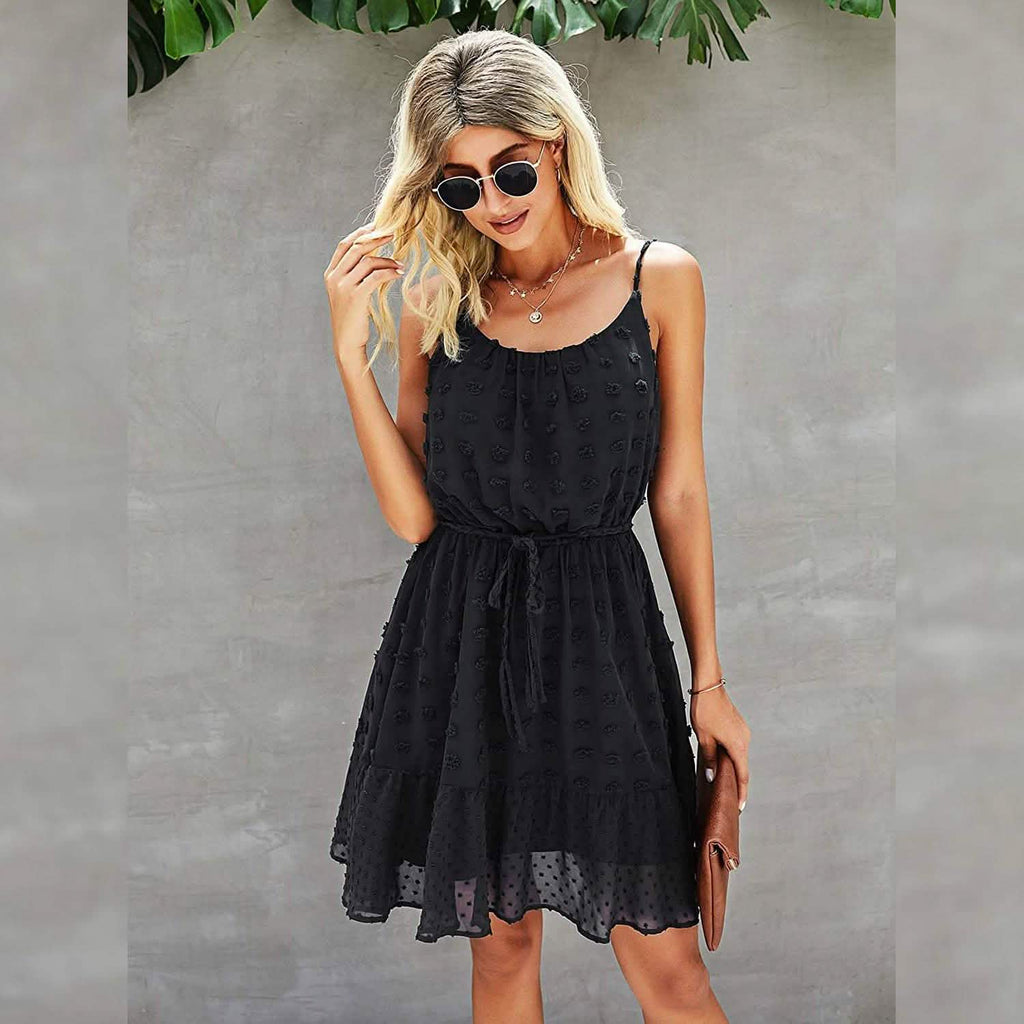 Lovinchic Robe Courte Fleurie à Bretelles Fines et Taille Nouée pour Femme, Robe d'Été Décontractée et Fluide