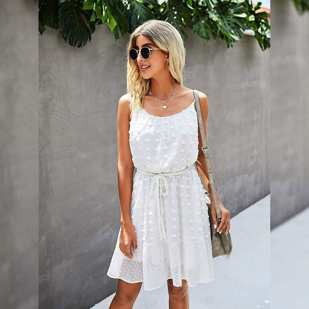 Lovinchic Robe Courte Fleurie à Bretelles Fines et Taille Nouée pour Femme, Robe d'Été Décontractée et Fluide