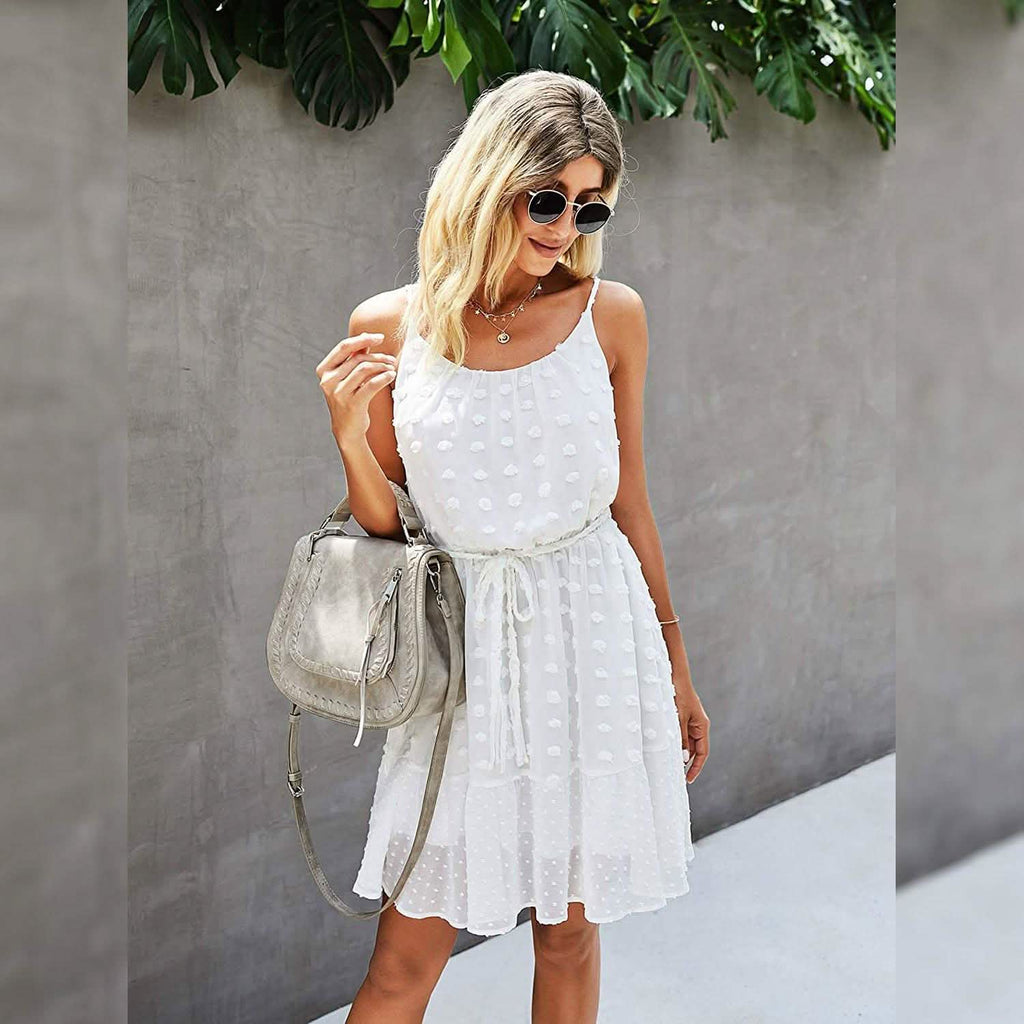 Lovinchic Robe Courte Fleurie à Bretelles Fines et Taille Nouée pour Femme, Robe d'Été Décontractée et Fluide