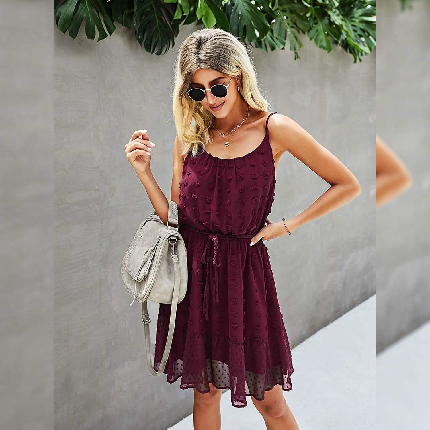 Lovinchic Robe Courte Fleurie à Bretelles Fines et Taille Nouée pour Femme, Robe d'Été Décontractée et Fluide