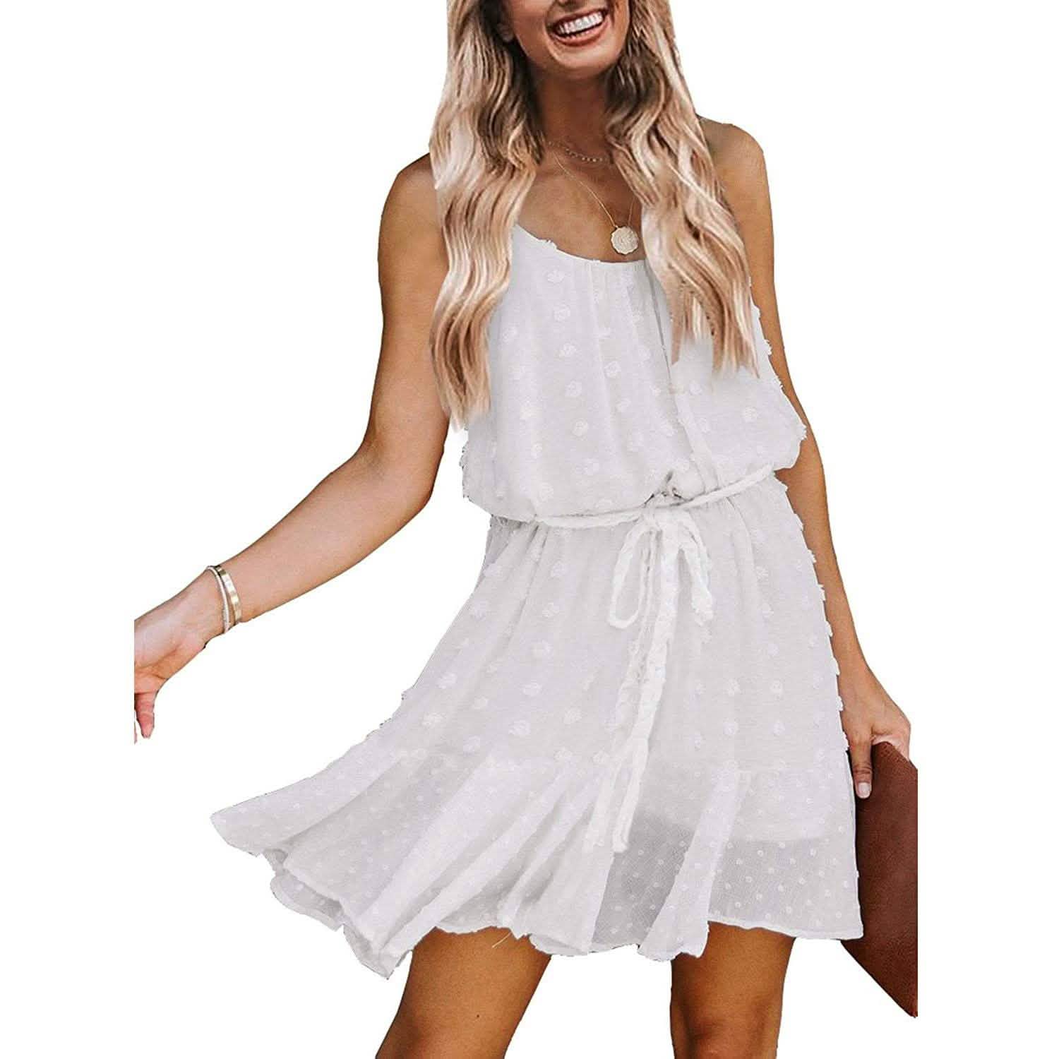 Lovinchic Robe Courte Fleurie à Bretelles Fines et Taille Nouée pour Femme, Robe d'Été Décontractée et Fluide