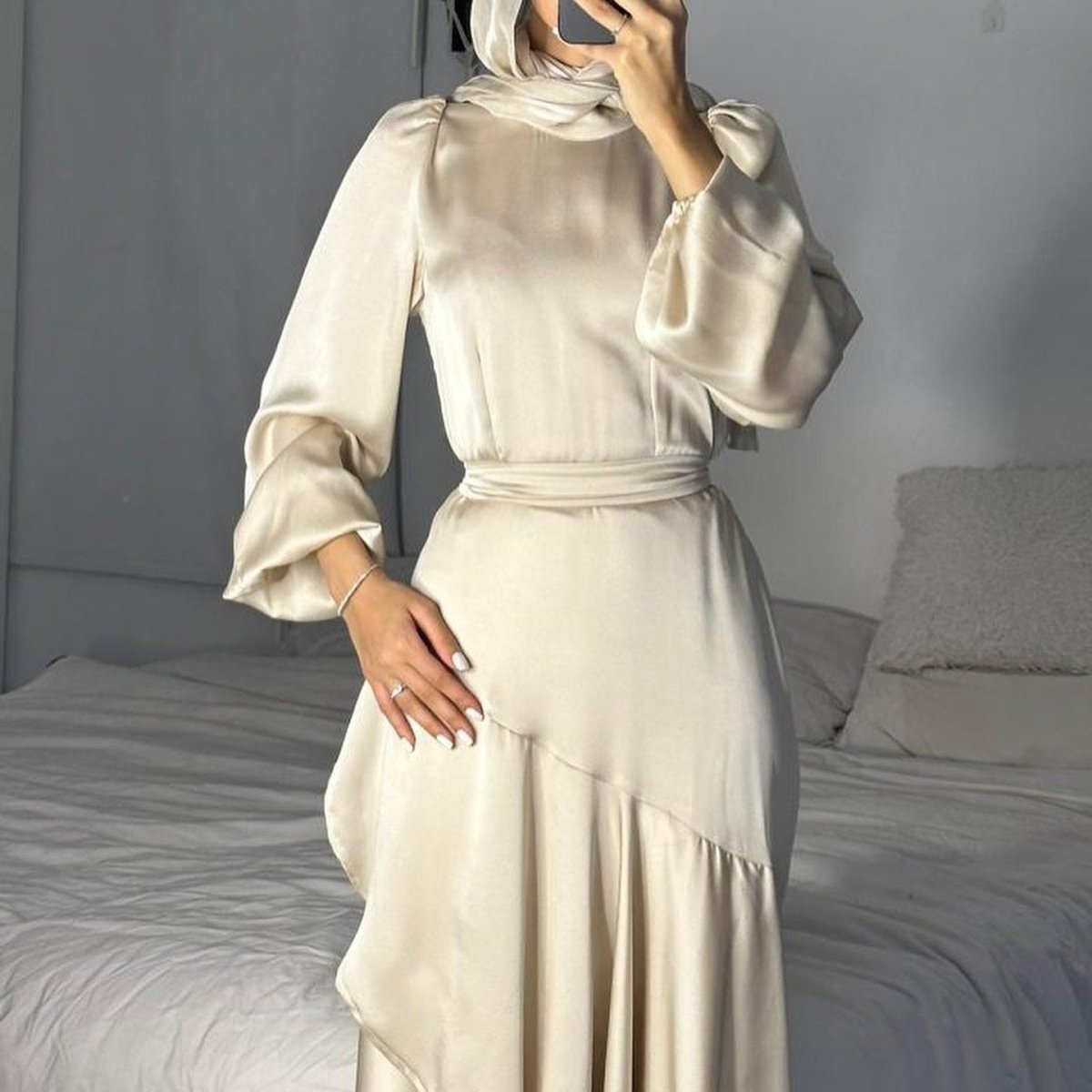 Luxe Satin Ruffle Hem Maxi Dress | Elastic Cuff Belted Abaya (MS187)