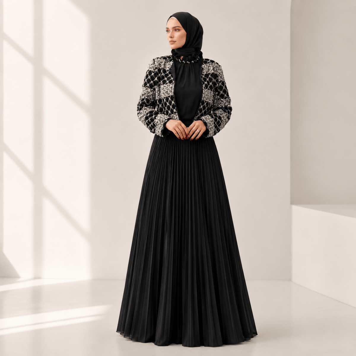Luxury Pearl Beaded Diamond Grid Jacket & Pleated Dress Set(MS403)
