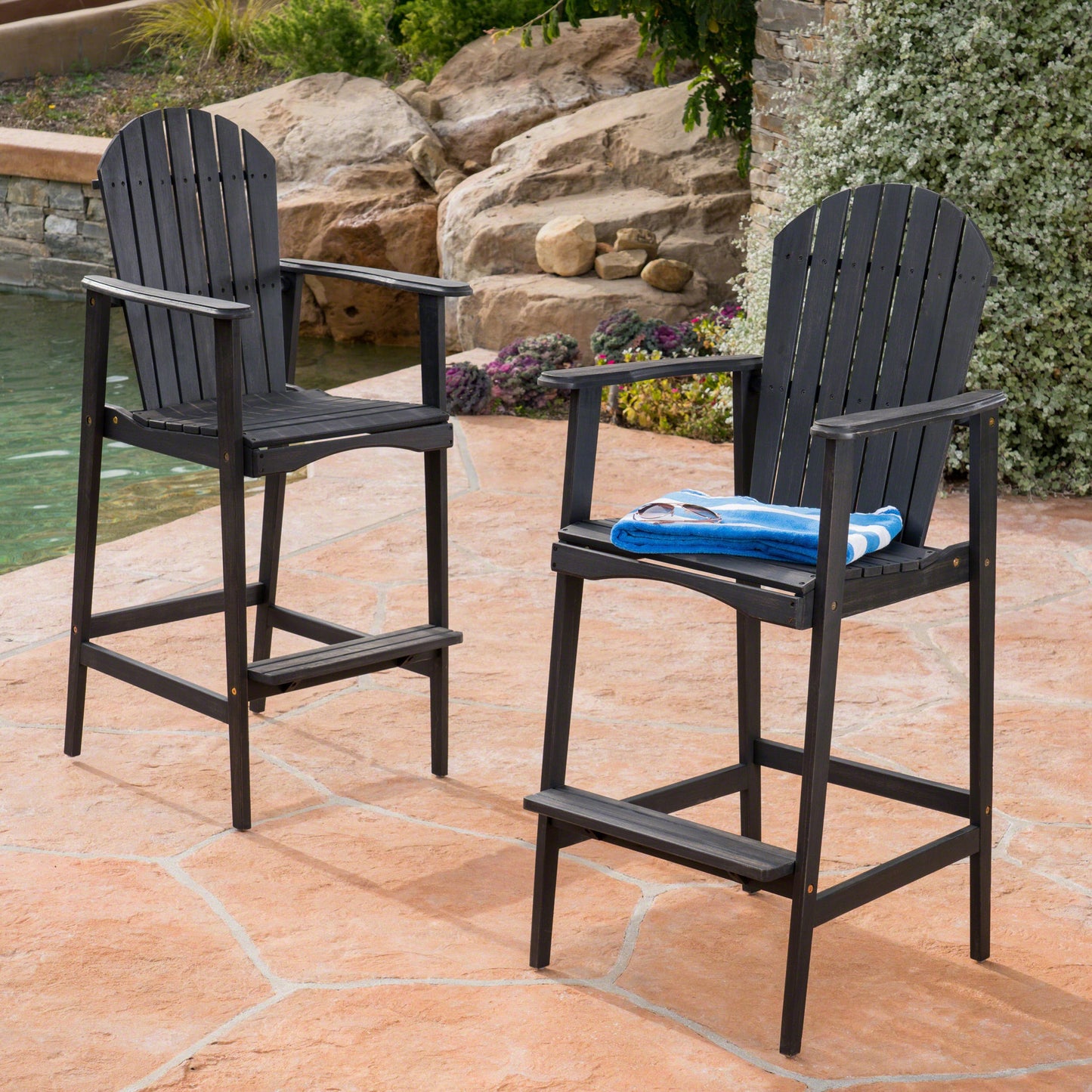 Outdoor Acacia Wood Adirondack Barstools, Set of 2