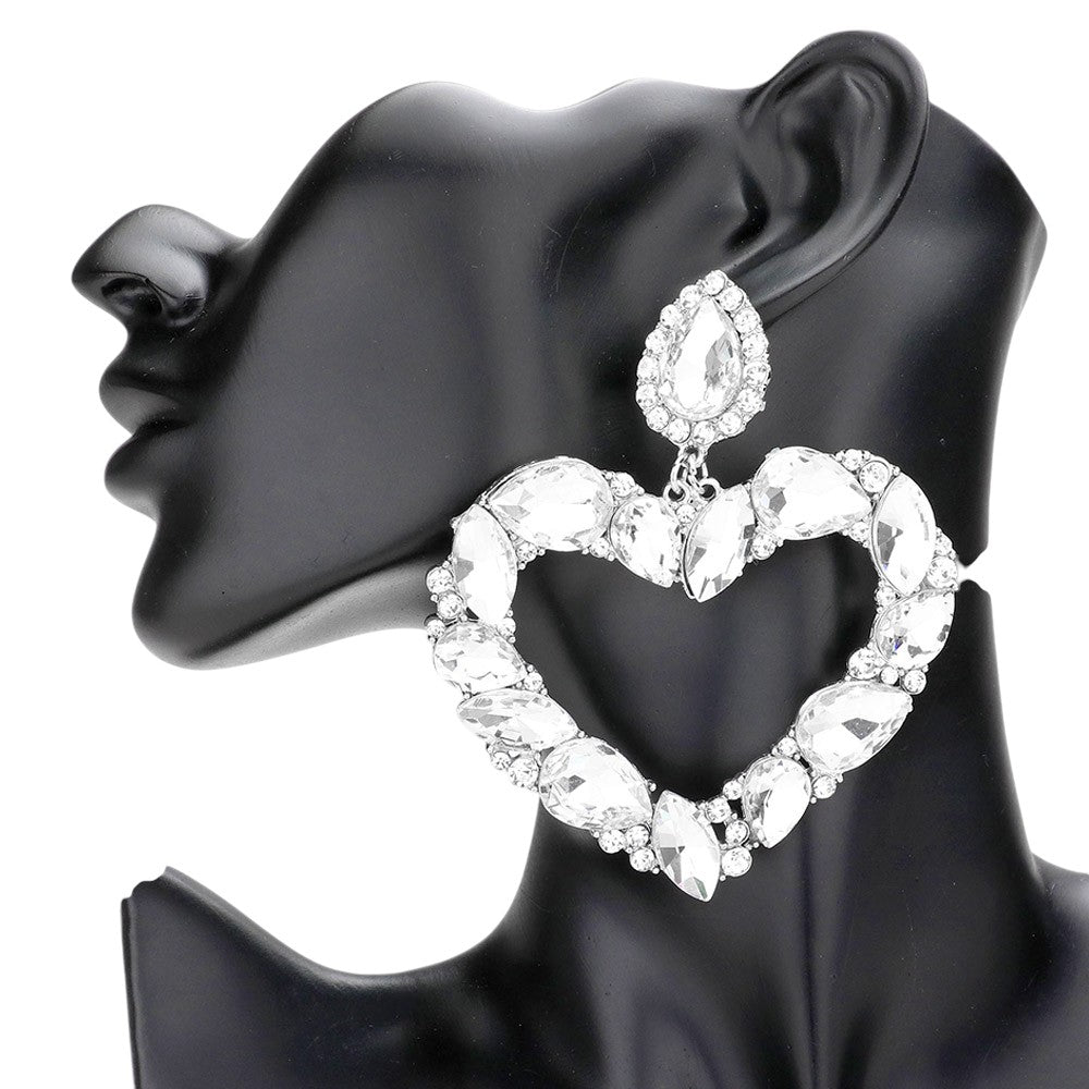 Marquise Teardrop Stone Cluster Open Heart Dangle Evening Earrings