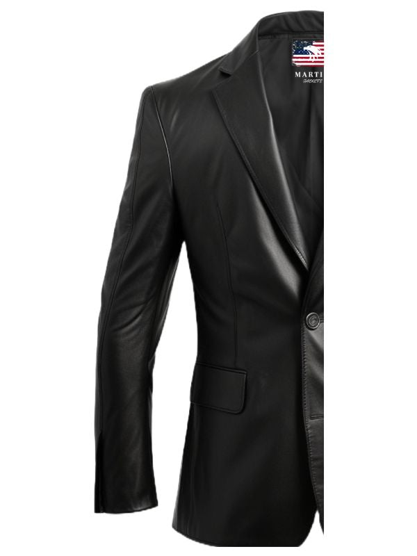Men Five Button Black Leather Blazer