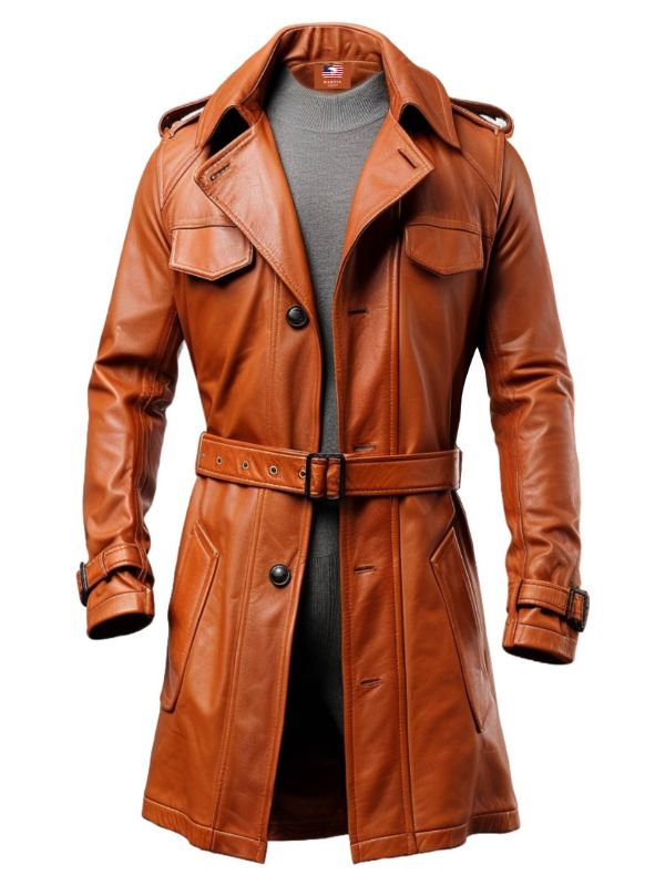 Men’s Long Leather Tan Color Coat